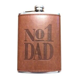No. 1 Dad Drinking Flask Stainless Steel Faux Brown Leather Wrap 8 oz. Gift NEW